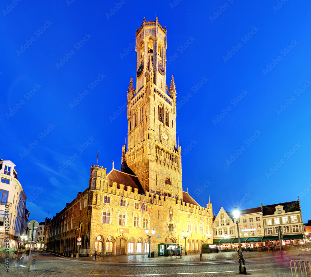 The Belfry Tower, aka Belfort, of Bruges, medieval bell tower in the historical centre of Bruges, Belgium.