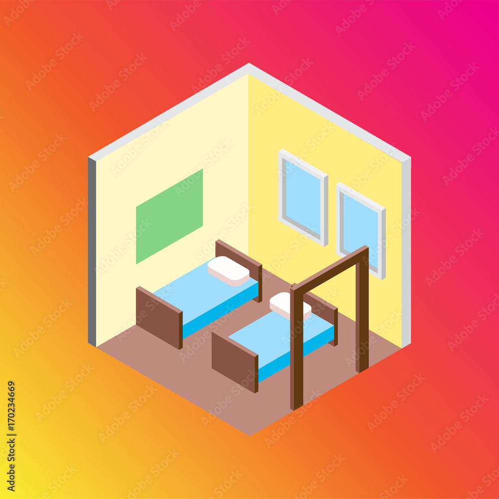 Isometric hostel bed room vector illustration Isometric hostel bed room vector illustration