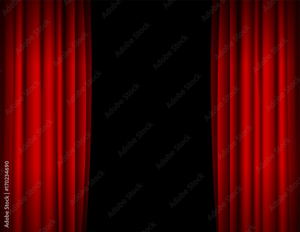 Realistic Red Opened Stage Curtains Background. Vector