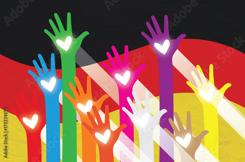 Open hand raised with German flag, multi purpose concept, German flag painted vector.
