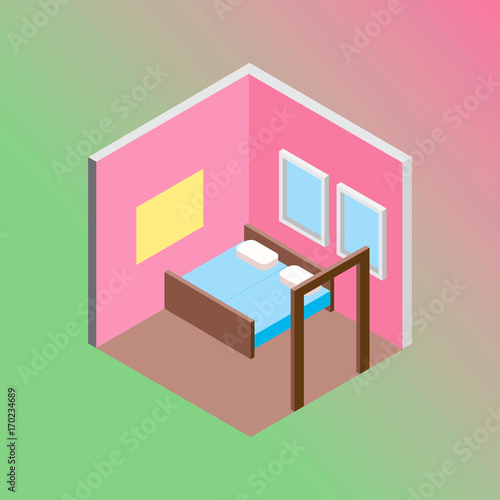 Isometric hostel bed room vector illustration photo