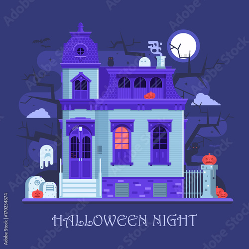 Halloween ghost mansion scene with victorian haunted house, old cemetery, spooks and pumpkins by moon night. Horror story or scary tale concept vector illustration. Halloween night banner background.