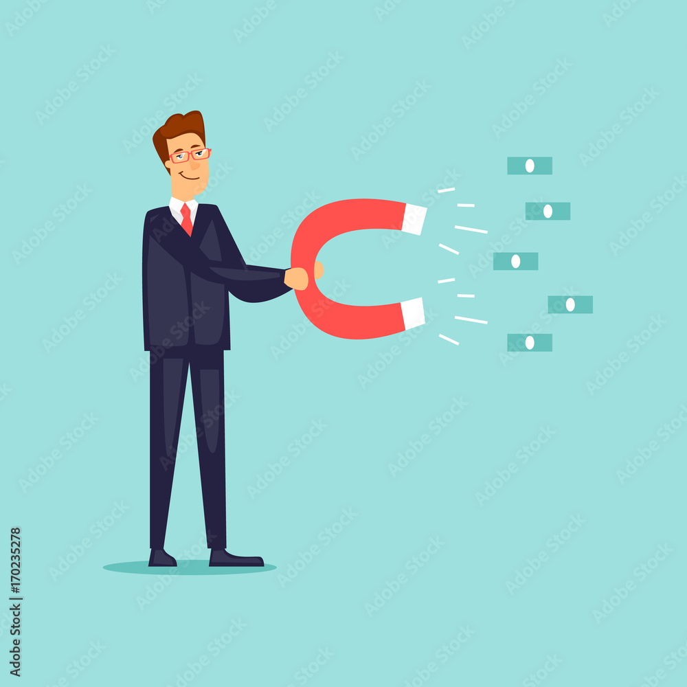 Businessman attracts money with a magnet. Flat design vector illustration. Businessman attracts money with a magnet. Flat design vector illustration.