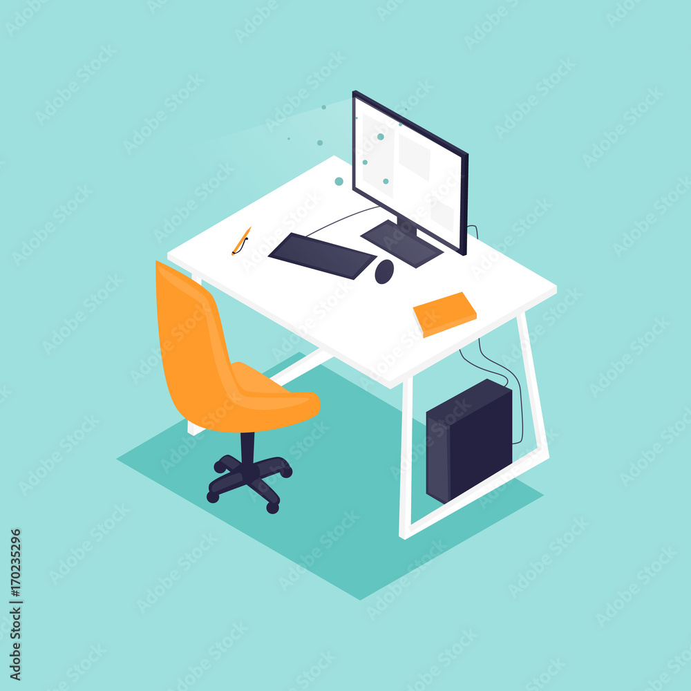 Office interior with desktop 3D, business workspace in the office. Workplace. Flat design vector illustration. Office interior with desktop 3D, business workspace in the office. Workplace. Flat design vector illustration.