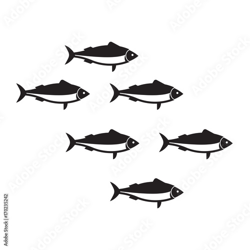 Silhouettes sardine run vector illustration in black and white. Outline fish shoal isolated on white background. Herring or anchovy school in flat design.
