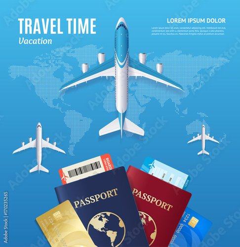 Travel Time Concept with Passport and Boarding Pass. Vector