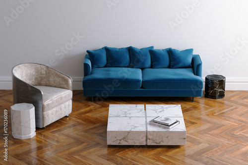 New white living room interior with blue minimalistic sofa on wood floor parquet 3d render version 12