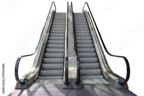 escalator step outside shopping mall isolated on white background with clipping path photo