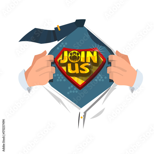 Man open shirt to show "Join us"  symbol - vector illustration