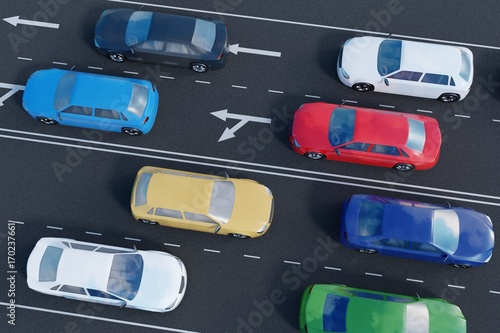 Cars on road. 3D rendered illustration. View from top.