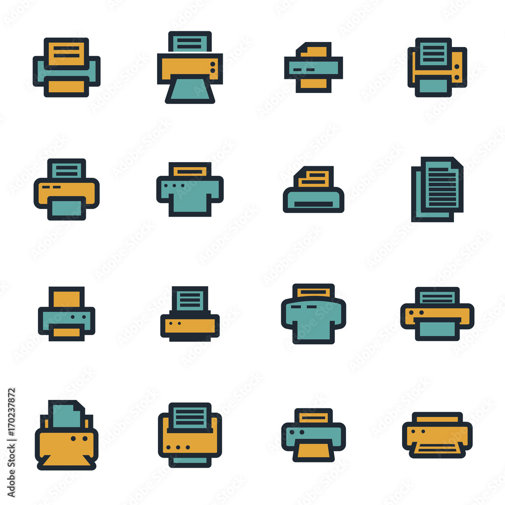 Vector flat printer icons set Vector flat printer icons set