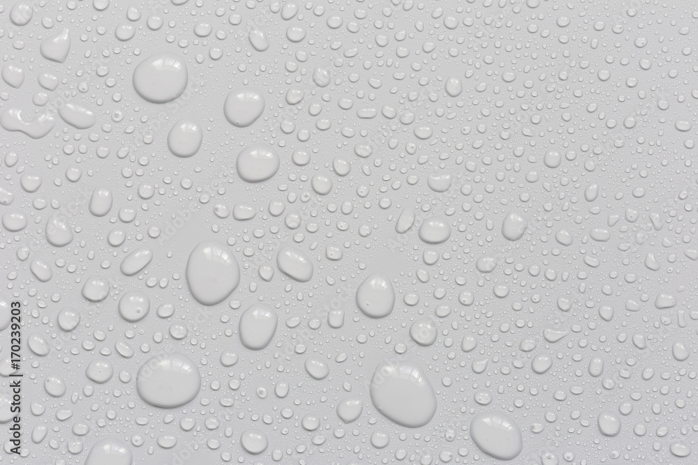 Water droplets on a gray background