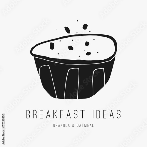 Hand drawn breakfast bowl. Granola illustration on the white background. Food logo