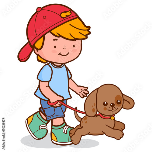 A little boy walking his dog. Vector illustration