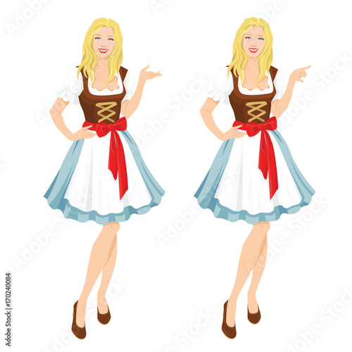 Vector illustration of Oktoberfest waitress in traditional bavarian dress isolation on white background. 