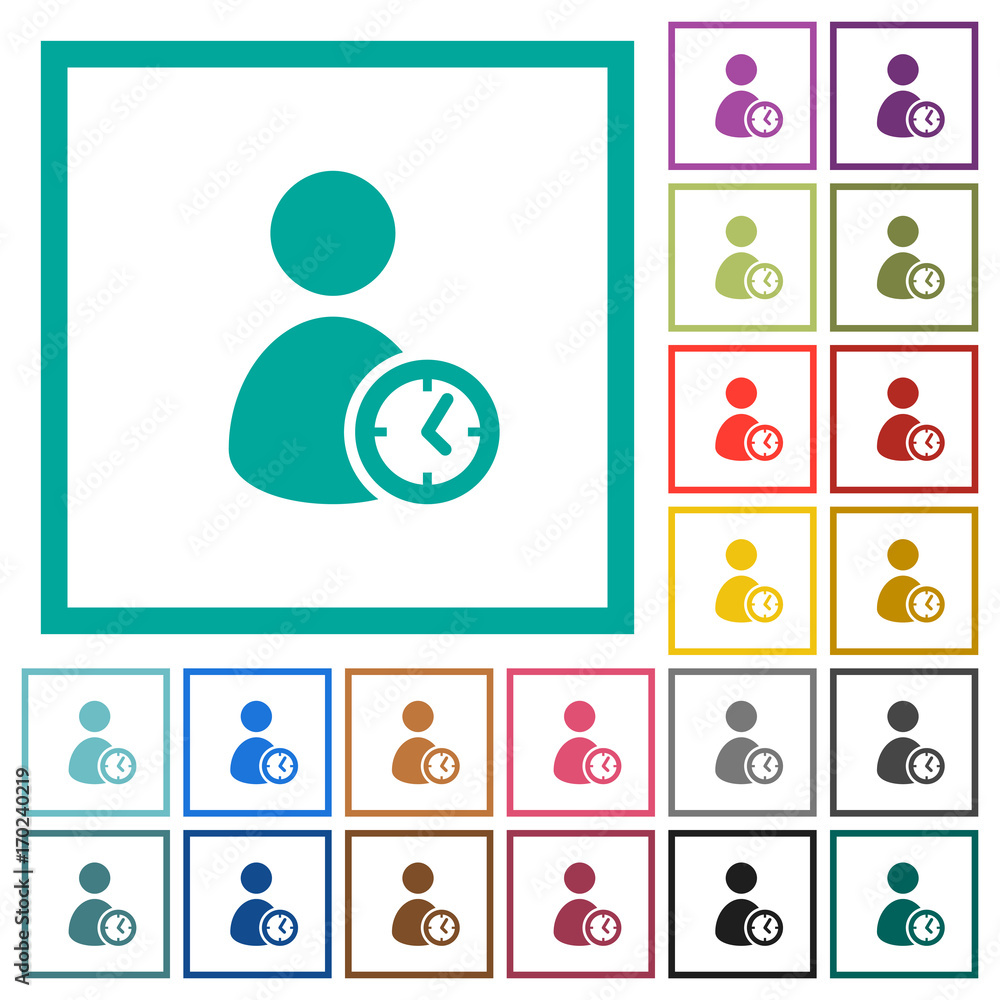 User account time flat color icons with quadrant frames User account time flat color icons with quadrant frames