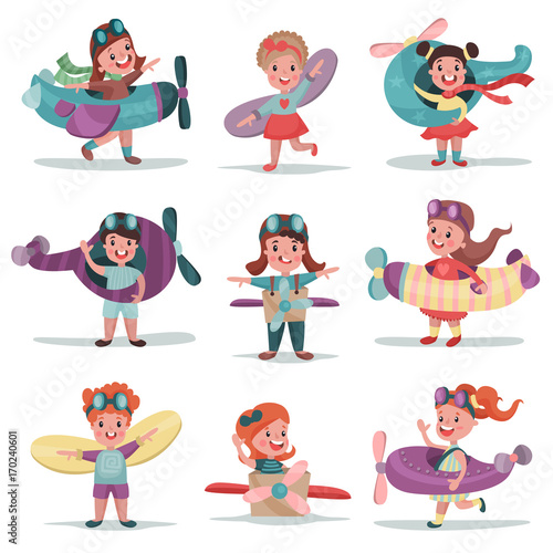 Cute little kids in pilot costumes playing and dreaming of becoming a spaceman set of colorful vector Illustrations