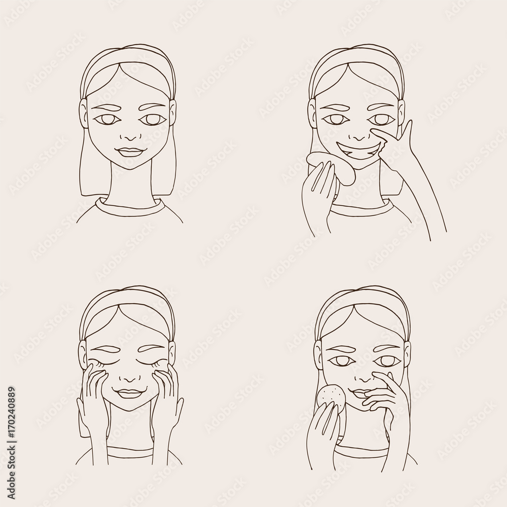 Set with lovely cartoon young woman taking care of her skin and face. Vector collection.