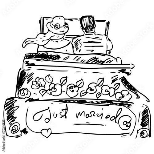 Just married graphic illustration. Man and woman in the car with text "just married". Honeymoon trip sketch. Family. Romantic couple for wedding cards, design, invitations, postcards, prints, posters.