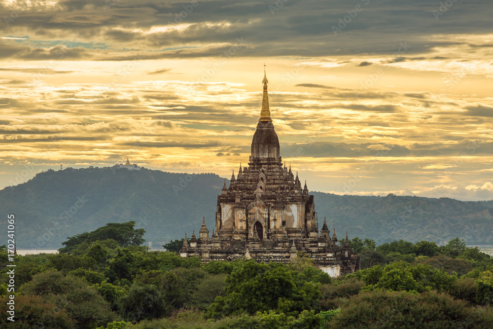 Beautiful sunset over the ancient pagodas in Bagan, Myanmar