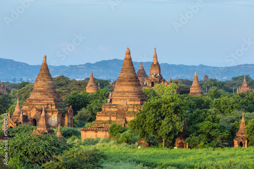 Beautiful sunrise over the ancient pagodas in Bagan  Myanmar