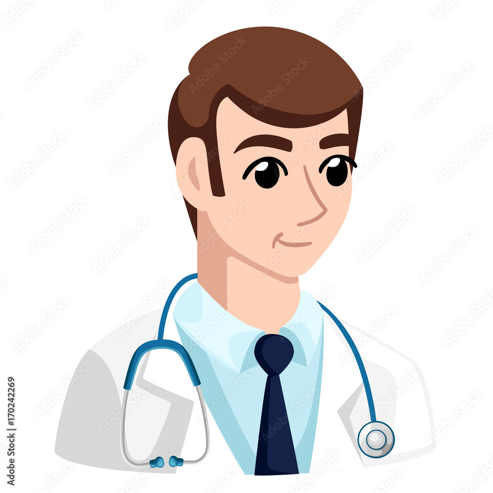 Cheerful male doctor. Vector illustration of a smiling doctor with medical icons background. Web site page and mobile app design Vector illustration