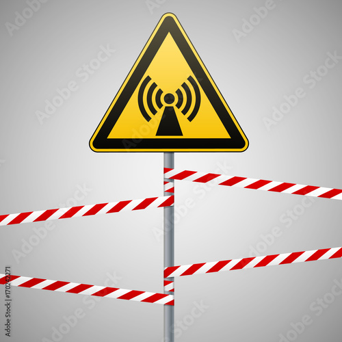 Safety sign. Caution - danger Electromagnetic field. Barrier tape. Vector illustrations. photo