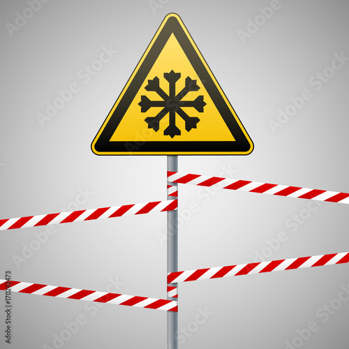 Carefully cold. Warning sign safety. pillar with sign and warning bands. Vector Image.