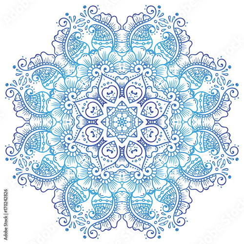 Henna pattern element mandala ornament blue. ethnic abstract meditation flower. illustration india, indian floral decorative psychedelic tattoo, mehndi. lace asian circle doodle design, petal yoga