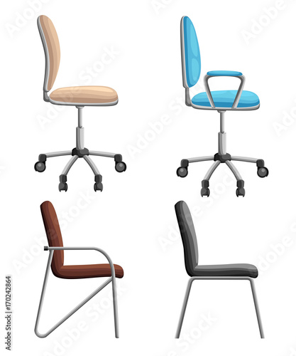 Office or desk chair in various points of view. Armchair or stool in front, back, side angles. Corporate castor furniture flat icon design. Web site page and mobile app design Vector illustration.