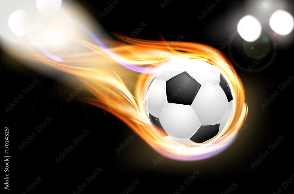 Naklejka premium Flying burning soccer balloon and shiny lights