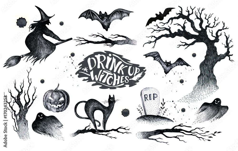 Obraz premium Halloween hand drawing black white graphic set icon, drawn Hallo