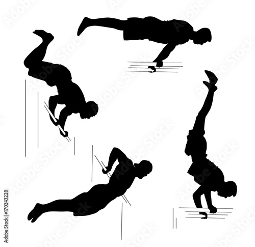 Set with four men athletes. Workout, sport concept. Black silhouettes on white background