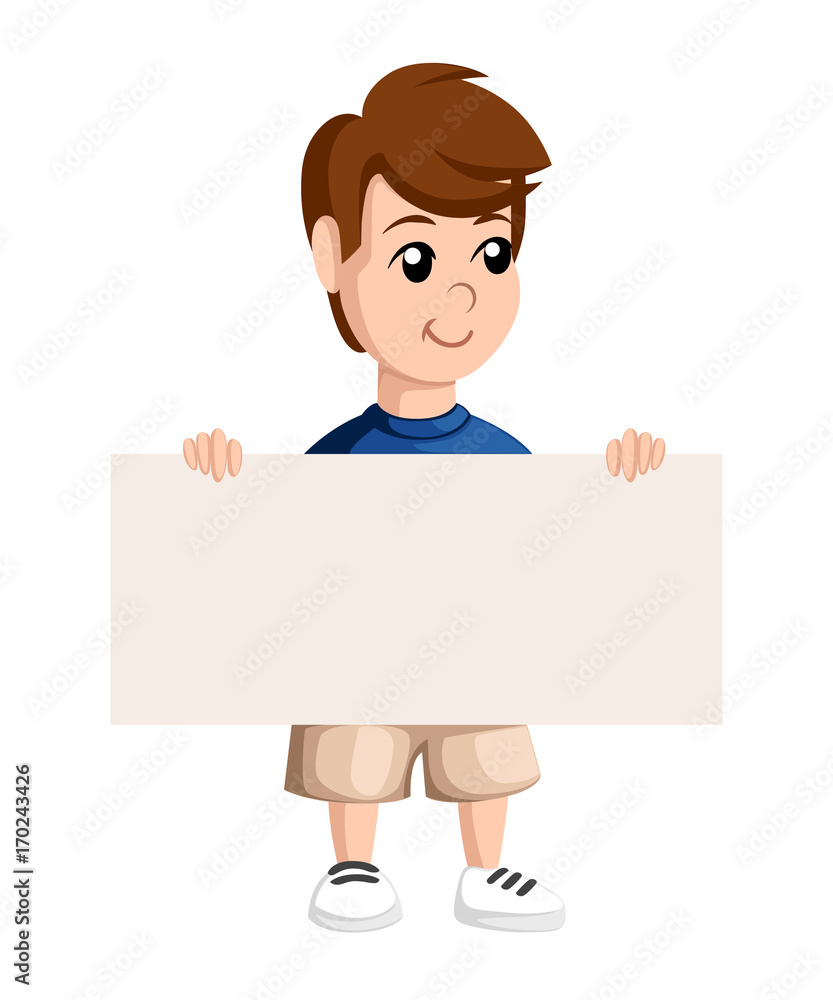 School boy holds smiles. Template with place for your text.Vector illustration Web site page and mobile app design.