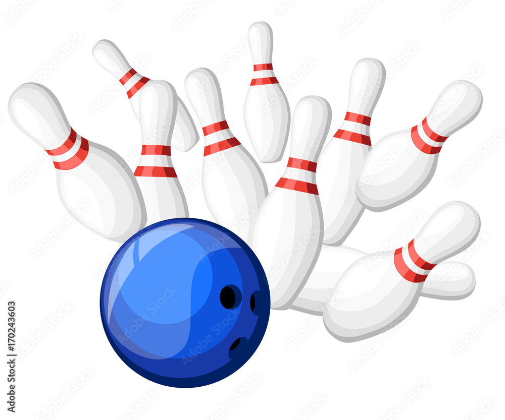 Poster games in the bowling club. Vector background design with strike at alley ball skittles. Flat illustration. Web site page and mobile app design Vector illustration Poster games in the bowling club. Vector background design with strike at alley ball skittles. Flat illustration. Web site page and mobile app design Vector illustration