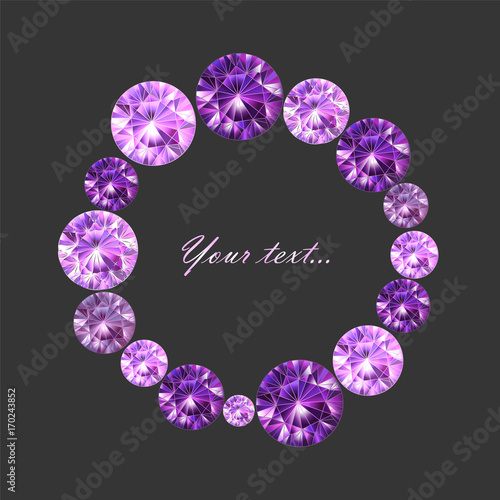 Greeting card with purple gems on the dark gray background, vector illustration