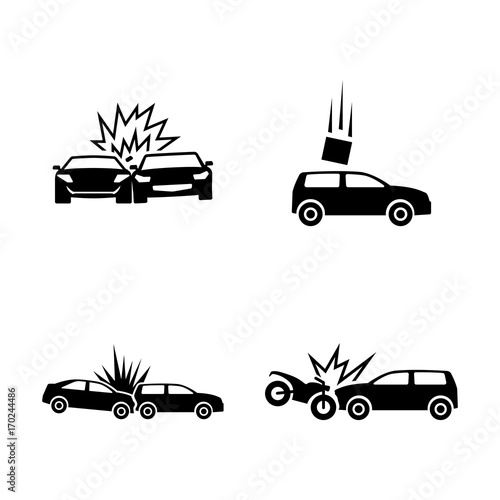 Car Crash. Simple Related Vector Icons Set for Video, Mobile Apps, Web Sites, Print Projects and Your Design. Black Flat Illustration on White Background.