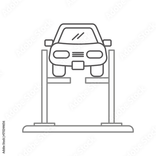 cartoon car with alignment device at wheel alignment service station vector illustration