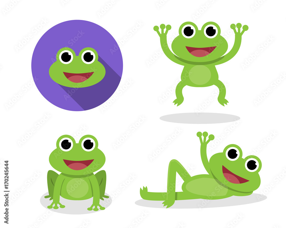 Obraz premium Set of green frog in cartoon style, vector