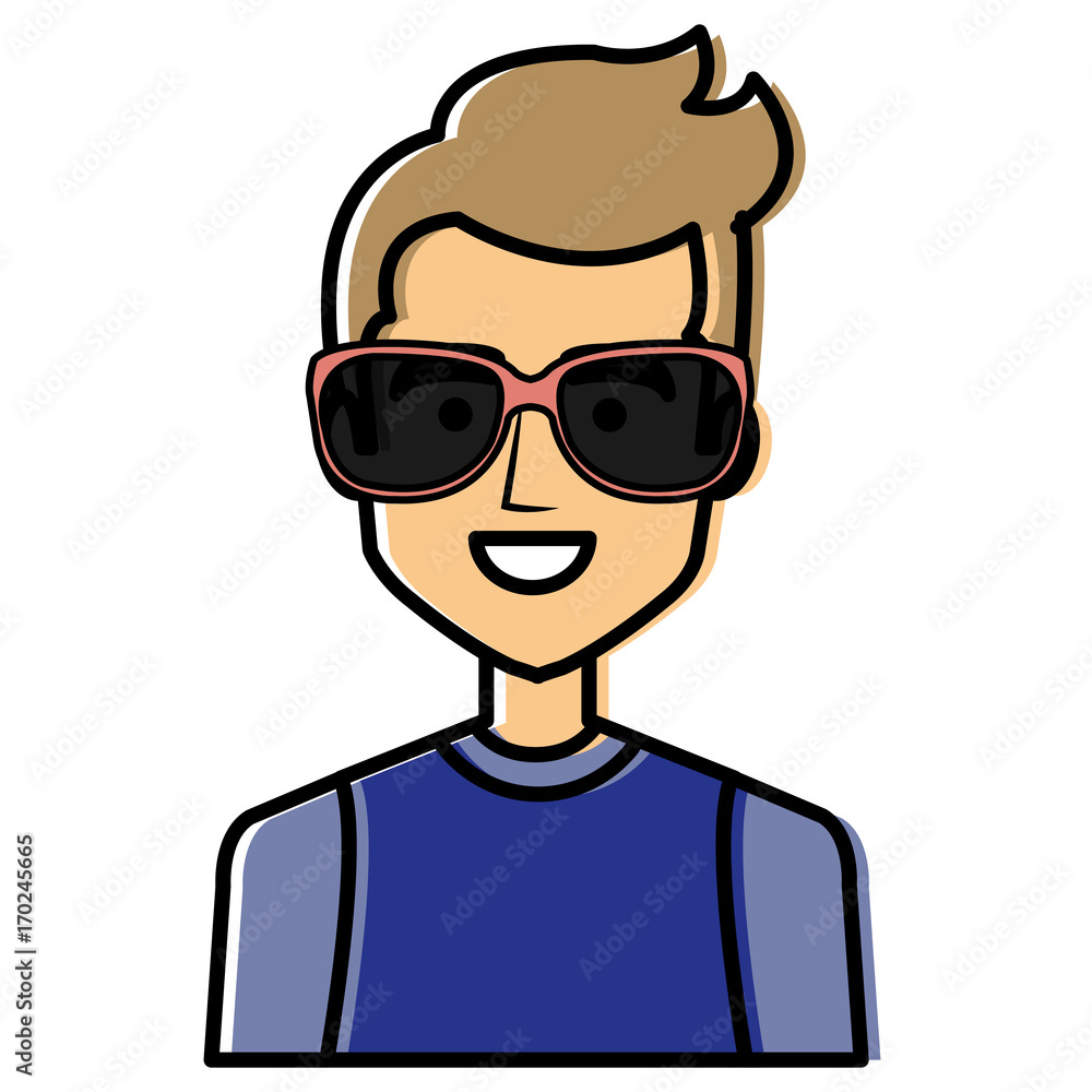 young man avatar with sunglasses character vector illustration design