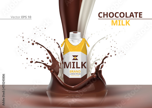 Chocolate Milk bottle package mock up Vector realistic on splash background