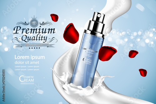 Luxury cosmetic Bottle package skin care cream, Beauty cosmetic product poster, with Bokeh and Water background