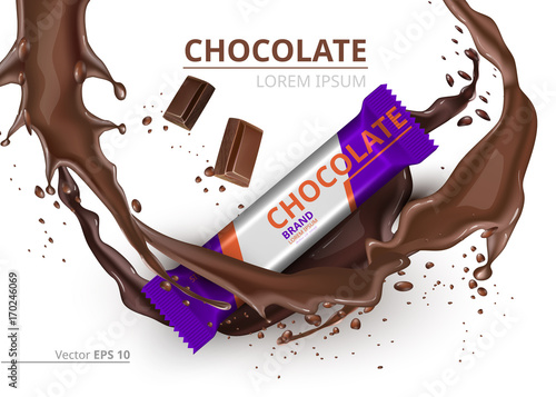 Chocolate bar realistic Mock up Vector label design. Splash and chocolate drops background