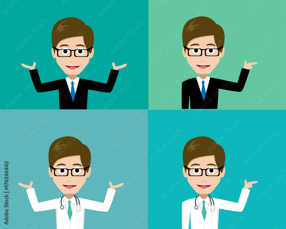Glasses man presenting in suit and doctor costume Glasses man presenting in suit and doctor costume