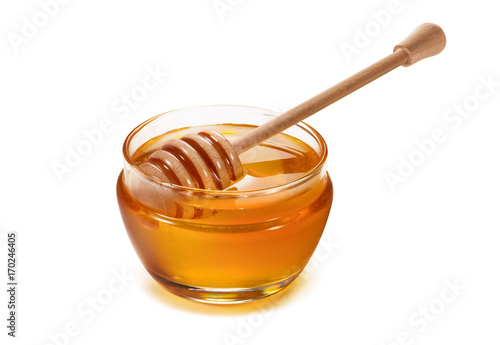 Tablou canvas Honey pot and dipper isolated on white