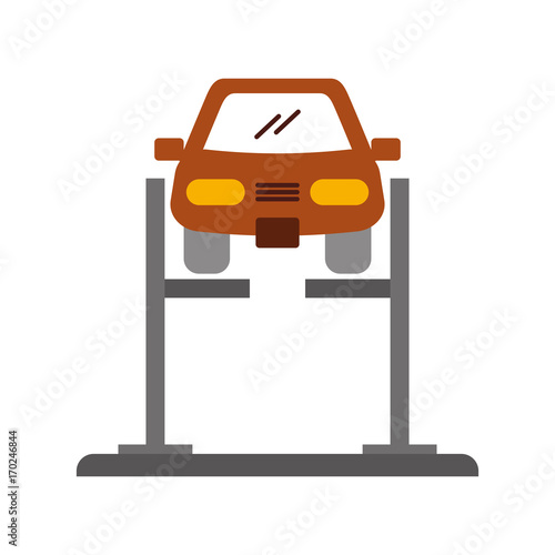 cartoon car with alignment device at wheel alignment service station vector illustration