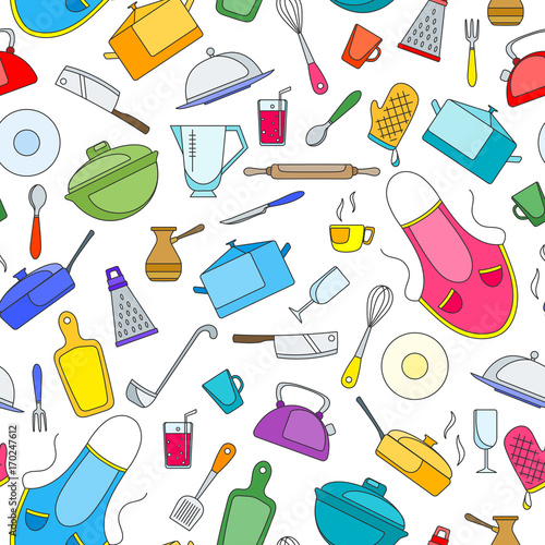 Seamless pattern on the theme of cooking and kitchen utensils, simple painted icons on white background