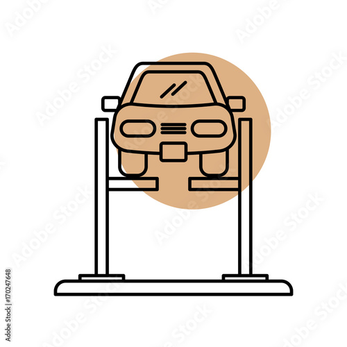 cartoon car with alignment device at wheel alignment service station vector illustration