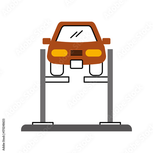 cartoon car with alignment device at wheel alignment service station vector illustration