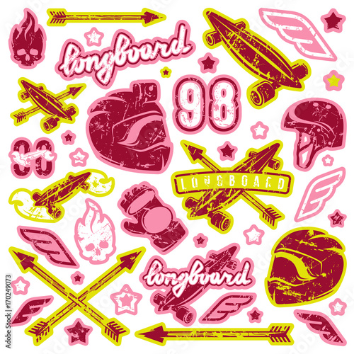 Badge set of longboarding equipment